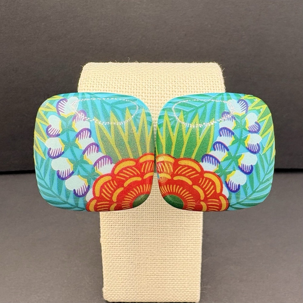 Vintage Avon Tropical Beauty 1987 Clip On Earrings Floral Aqua Acrylic Colorful